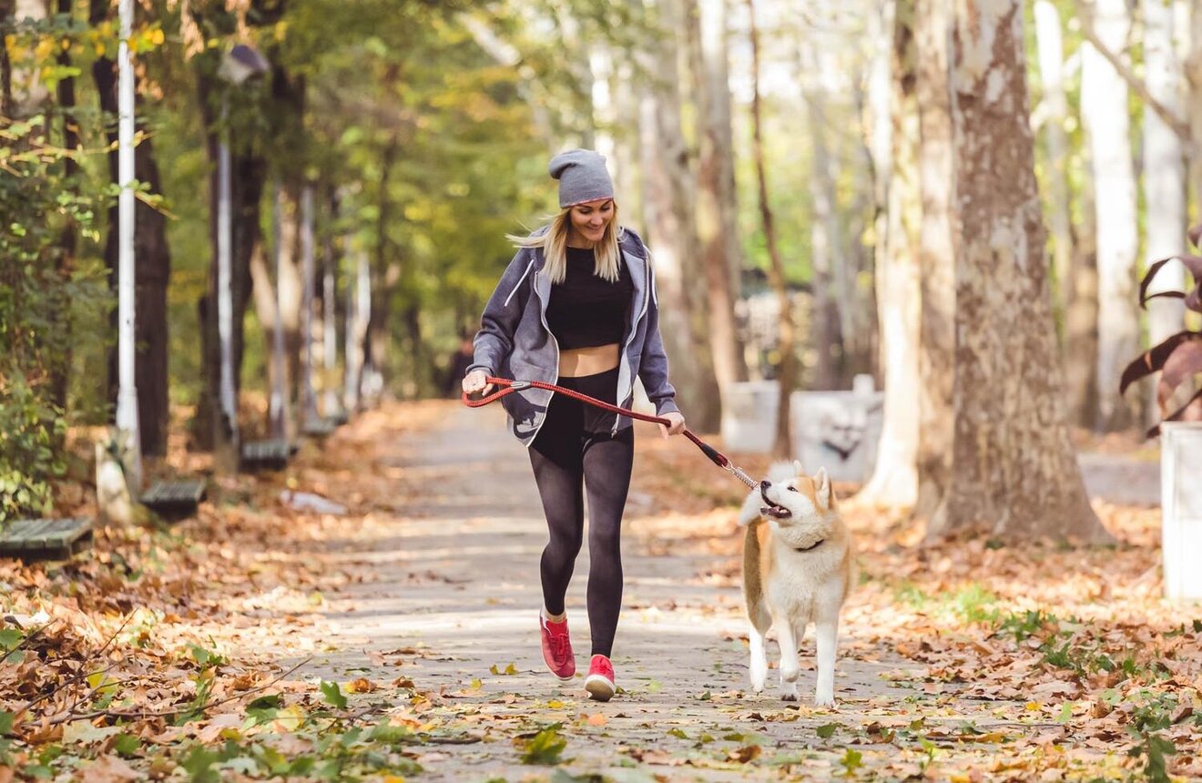 Eine Frau joggt mit ihrem Hund im Wald